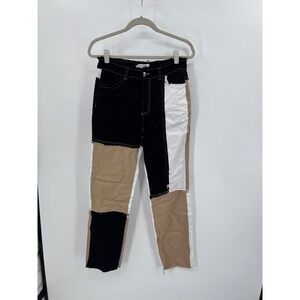 Colorblock Patchwork Pants Black White Tan Deconstructed Raw Large Wide Leg NWT